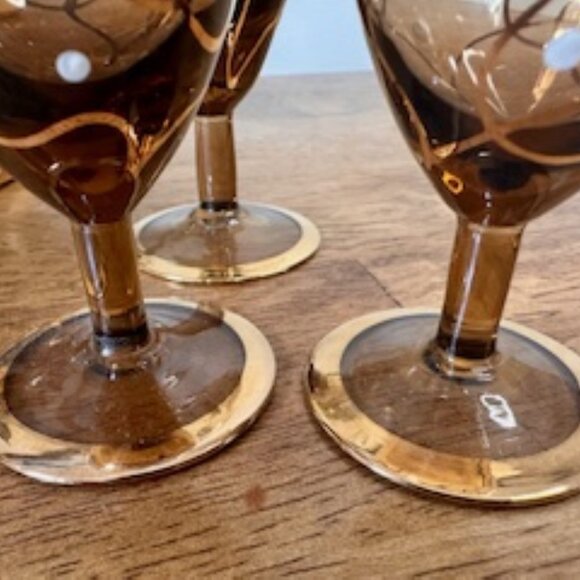 Bohemia Crystal Decanter Set Czechoslovakia – Vintage Amber Glass with Gold Trim - Picture 4 of 9